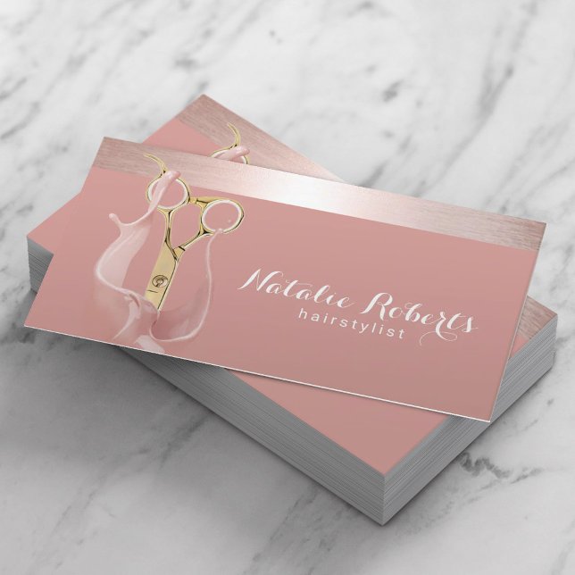 Hair Stylist Modern Rose Gold Splash Gold Scissor Business Card (Creator Uploaded)