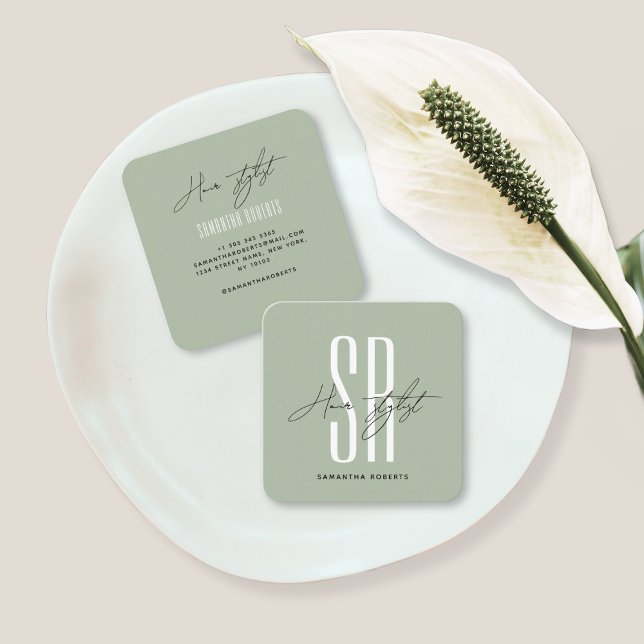 Hair stylist modern sage green monogram initials square business card (Creator Uploaded)