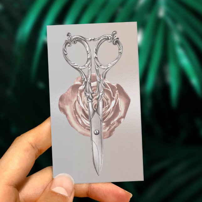 Hair Stylist Modern Scissor & Flower Silver Salon Business Card (Creator Uploaded)