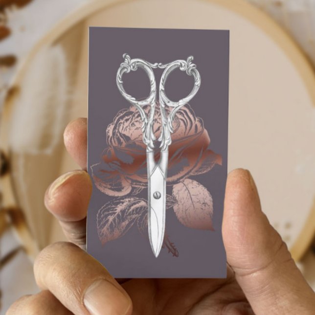 Hair Stylist Modern Scissor & Rose Floral Purple Business Card (Creator Uploaded)