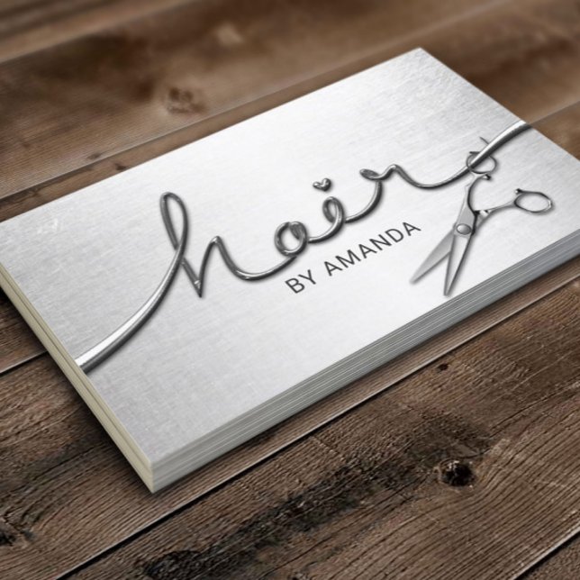 Hair Stylist Modern Silver 3D Script Salon Business Card (Creator Uploaded)