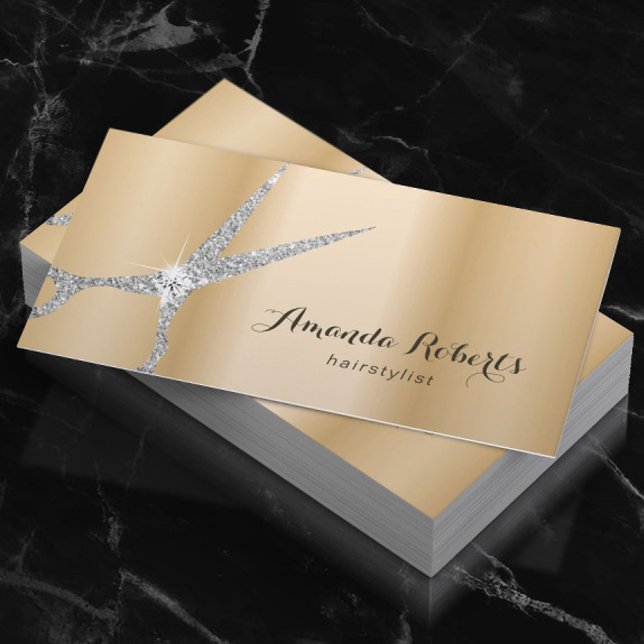 Hair Stylist Modern Silver Scissor Salon Gold Business Card (Creator Uploaded)