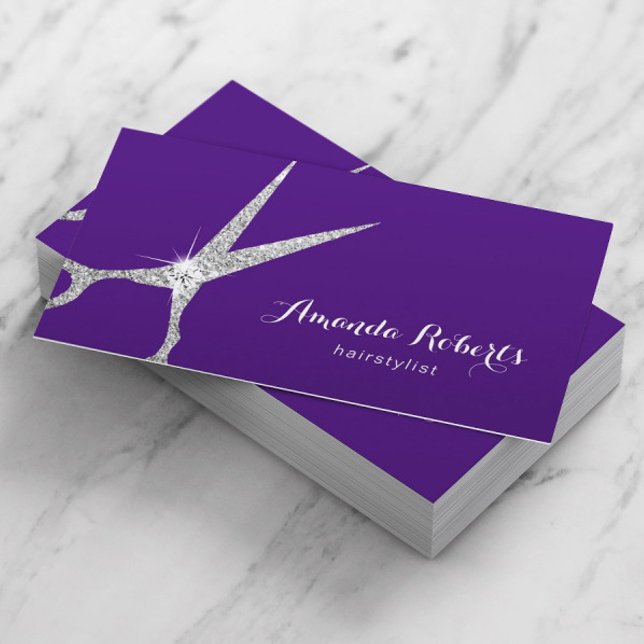 Hair Stylist Modern Silver Scissor Salon Purple Business Card (Creator Uploaded)