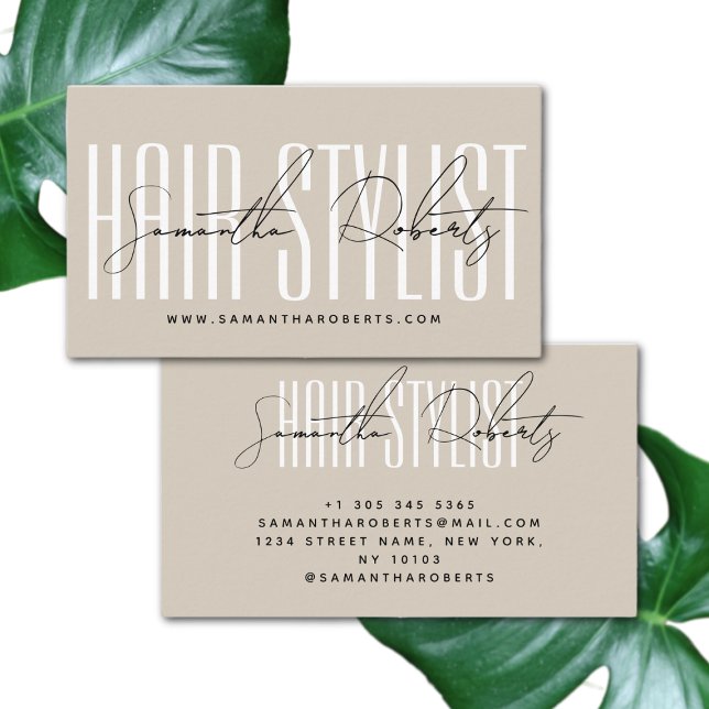 Hair stylist modern typography script beige business card (Creator Uploaded)