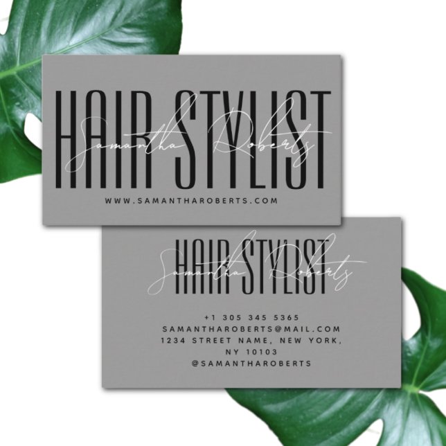 Hair stylist modern typography script grey business card (Creator Uploaded)