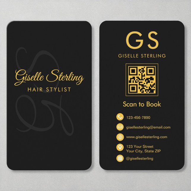 Hair Stylist Monogram Black Gold QR Code Beauty Business Card (Creator Uploaded)