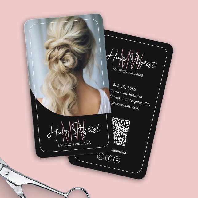 Hair Stylist Monogram Logo Photo Black Business Card (Hair Stylist Monogram Logo Photo Black Business Card)