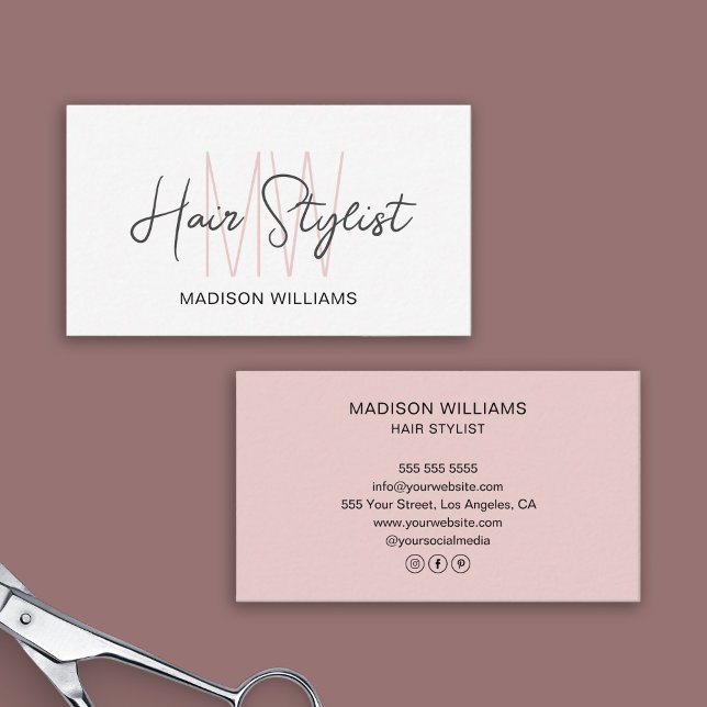 Hair Stylist Monogram Logo White Blush Pink Business Card (Hair Stylist Monogram Logo White Blush Pink Business Card)