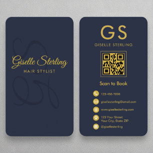 Hair Stylist Monogram Navy Blue Gold QR Code Business Card