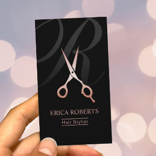 Hair Stylist Monogram Script Rose Gold Scissor Business Card