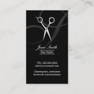 Hair Stylist Monogram Script Silver Scissor Modern Business Card