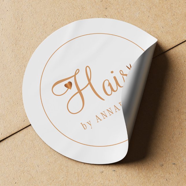 Hair stylist name gold copper elegant glam logo classic round sticker (Creator Uploaded)