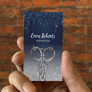 Hair Stylist Navy Blue Drips Silver Glitter Salon Business Card