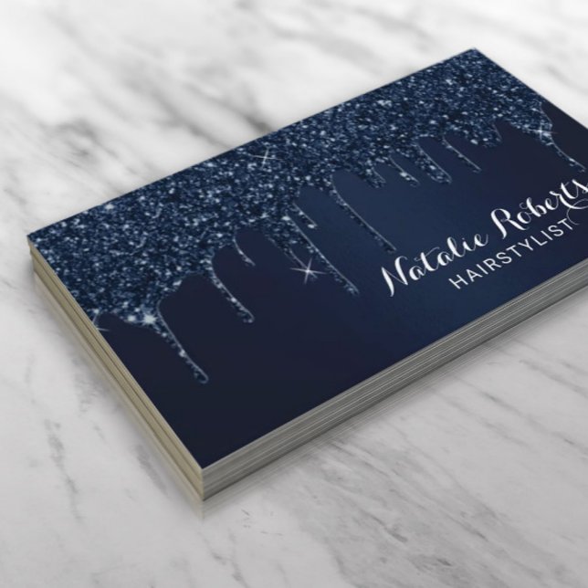 Hair Stylist Navy Blue Glitter Drips Beauty Salon Business Card (Creator Uploaded)