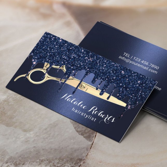 Hair Stylist Navy Blue Glitter Drips Beauty Salon Business Card (Creator Uploaded)