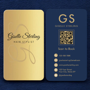 Hair Stylist Navy Blue Gold Monogram QR Code Business Card