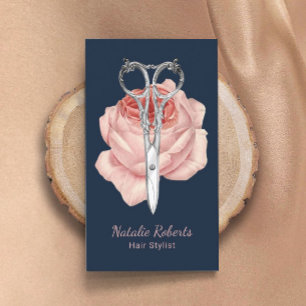 Hair Stylist Navy Blue Scissor & Rose Beauty Salon Business Card