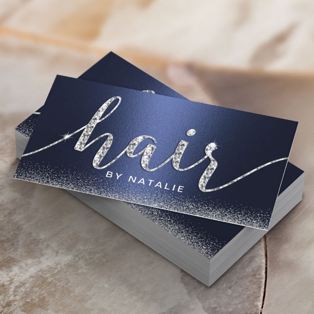 Hair Stylist Navy Blue Silver Luxury Beauty Salon Business Card (Creator Uploaded)