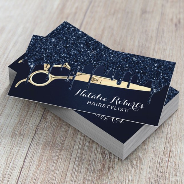 Hair Stylist Navy Glitter Drips Gold Scissor Salon Business Card (Creator Uploaded)