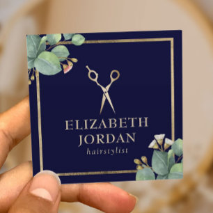 Hair Stylist Navy & Gold Salon Vintage Botanical  Square Business Card
