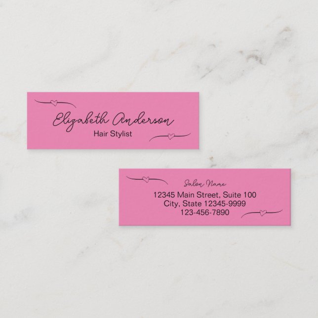 Hair Stylist Pink Black Heart Cute Script Business Calling Card (Front/Back)
