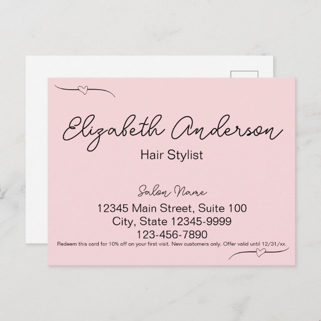 Hair Stylist Pink & Black Name Handwritten Script Postcard (Front/Back)