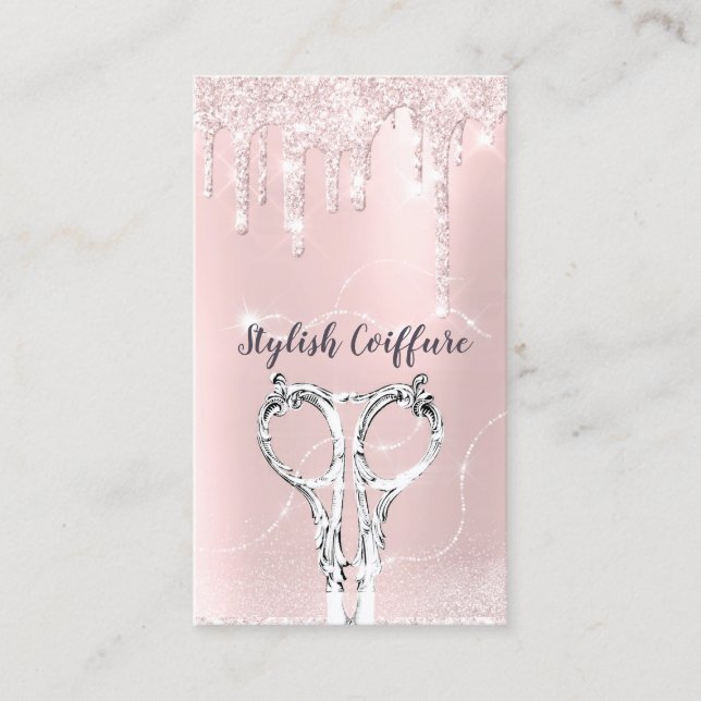 Hair Stylist Pink Drips Glitter Coiffure Scissors Business Card (Front)