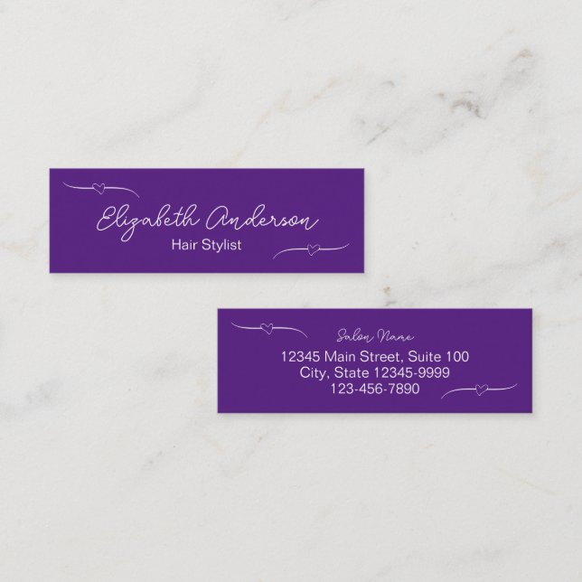 Hair Stylist Purple White Heart Handwritten Script Calling Card (Front/Back)