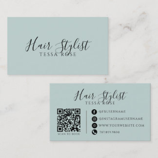 Hair Stylist QR Code Dusty Blue Green Business Card