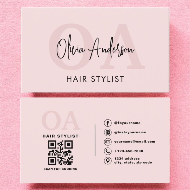 Hair Stylist QR Code Monogram Blush Pink  Business Card (Creator Uploaded)