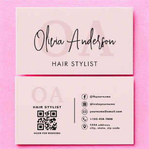 Hair Stylist QR Code Monogram Blush Pink  Business Card