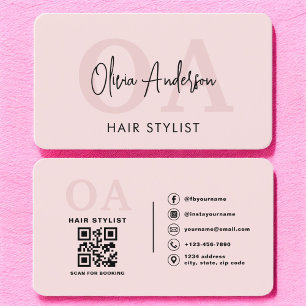 Hair Stylist QR Code Monogram Blush Pink  Business Card