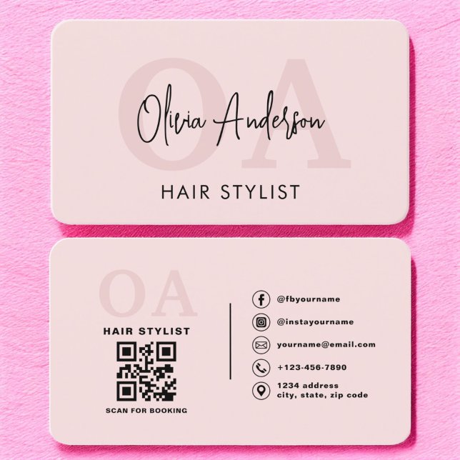 Hair Stylist QR Code Monogram Blush Pink  Business Card (Creator Uploaded)