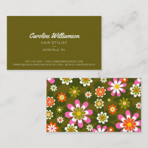 Hair Stylist Retro Groovy Daisy Olive Green Pink Business Card