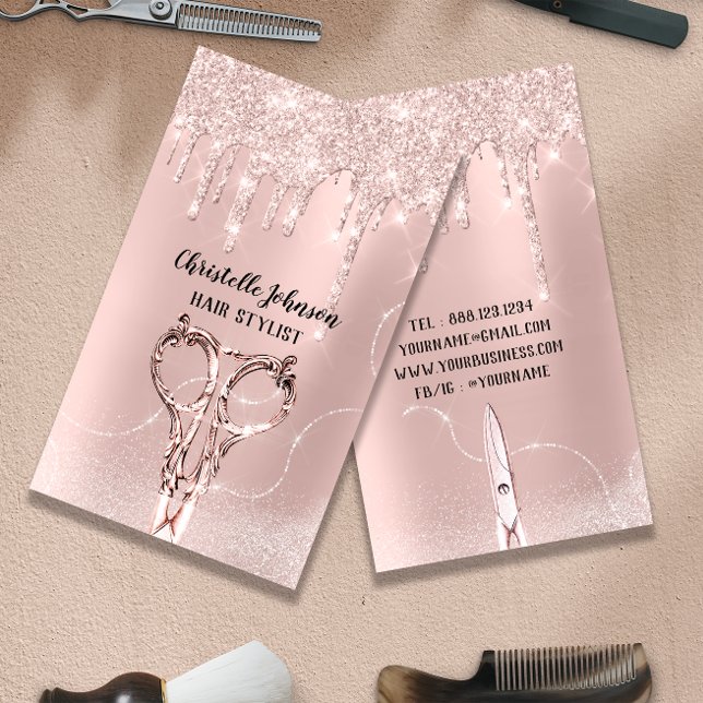 Hair Stylist Rose DripGlitter Hairdresser Scissors Business Card (Hair Stylist Rose DripGlitter Hairdresser Scissors Business Card)