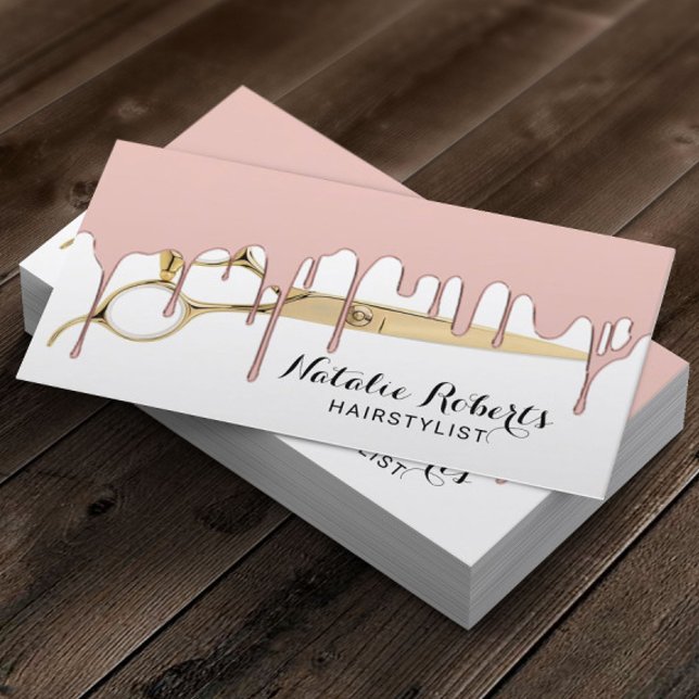 Hair Stylist Rose Gold Dripping Gold Scissor Salon Business Card (Creator Uploaded)