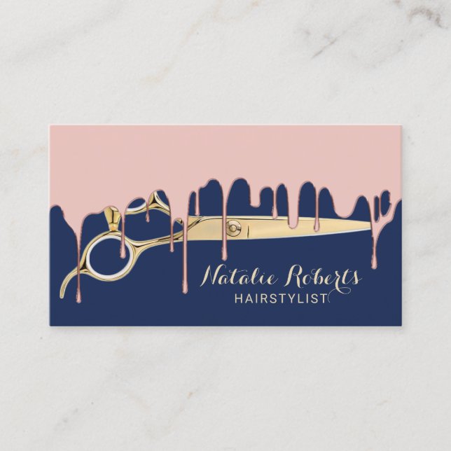 Hair Stylist Rose Gold Dripping Navy Blue Salon Business Card (Front)