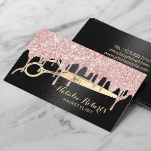 Hair Stylist Rose Gold Drips Black Beauty Salon Business Card