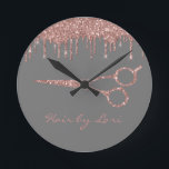 Hair Stylist Rose Gold Drips Glitter Scissors Round Clock<br><div class="desc">This design was created though digital art. It may be personalised in the area provided by changing the photo and/or text. Or it can be customised by choosing the click to customise further option and delete or change the colour the background, add text, change the text colour or style, or...</div>