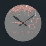 Hair Stylist Rose Gold Drips Glitter Scissors Round Clock<br><div class="desc">This design was created though digital art. It may be personalised in the area provided by changing the photo and/or text. Or it can be customised by choosing the click to customise further option and delete or change the colour the background, add text, change the text colour or style, or...</div>