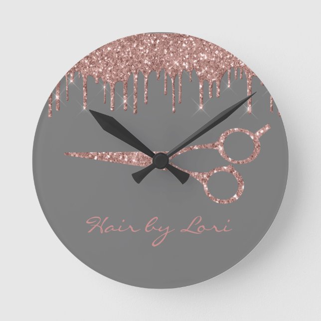 Hair Stylist Rose Gold Drips Glitter Scissors Round Clock (Front)