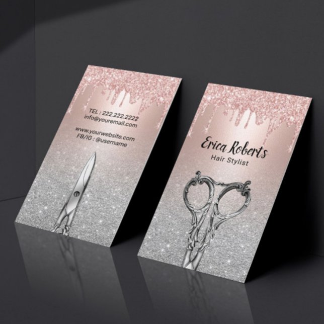 Hair Stylist Rose Gold Drips Silver Glitter Salon Business Card (Creator Uploaded)