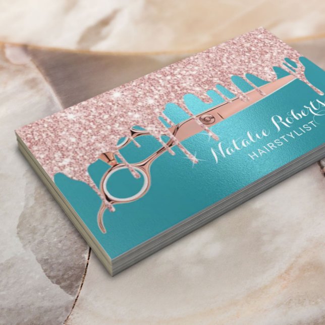 Hair Stylist Rose Gold Drips Turquoise Salon Business Card (Creator Uploaded)