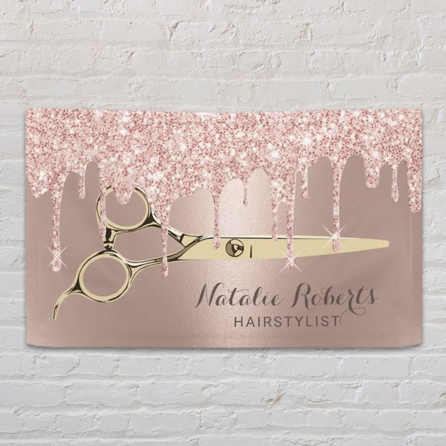 Hair Stylist Rose Gold Glitter Drips Beauty Salon Banner (Creator Uploaded)