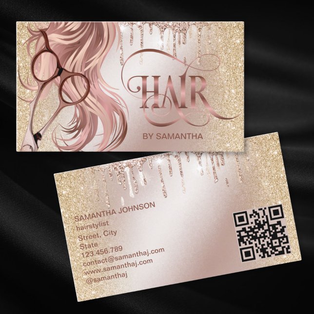 Hair stylist rose gold hair scissors QR code Business Card (rose gold typography with rose gold hair and scissors with gold glitter hair stylist business card)