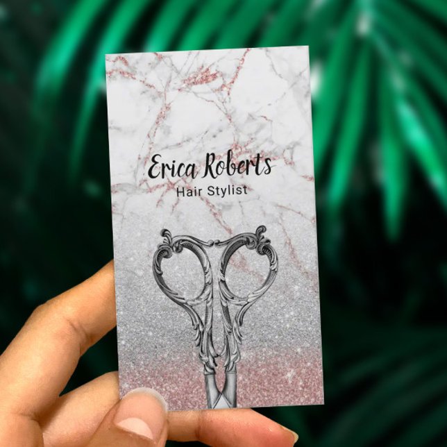 Hair Stylist Rose Gold Marble Silver Glitter Business Card (Creator Uploaded)