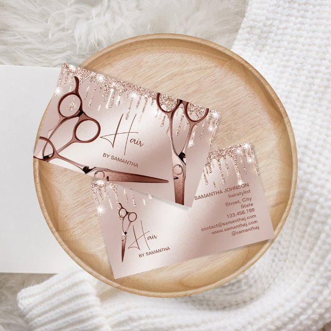 Hair stylist rose gold modern typography scissors business card (rose gold scissors)