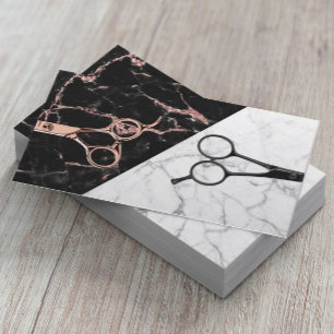 Hair Stylist Rose Gold Scissor Black White Marble Business Card