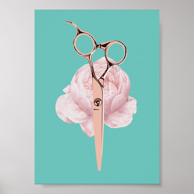 Hair Stylist Rose Gold Scissor & Flower Teal Salon Poster (Front)