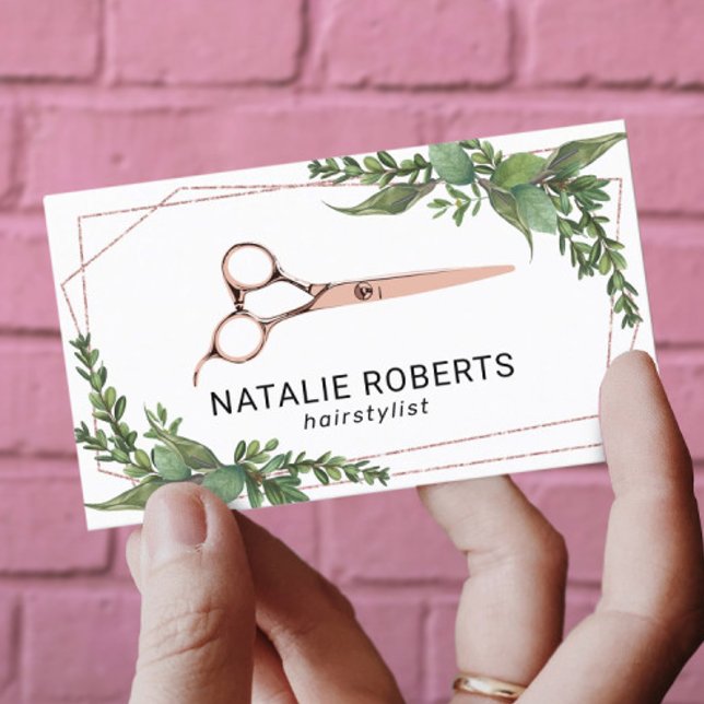 Hair Stylist Rose Gold Scissor Geometric Greenery Business Card (Creator Uploaded)